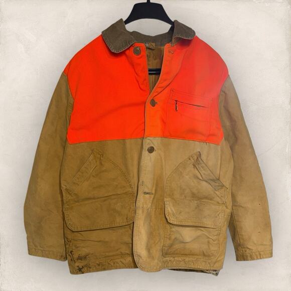 Vtg Canvas Field Barn Jacket Hunting Tan Orange Gorpcore Chore Coat Large Collar - Picture 1 of 6